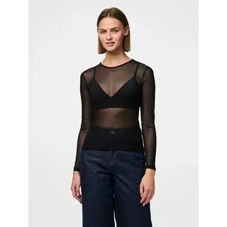 Langarmshirt PIECES "PCNINNI LS MESH TOP NOOS BC", Damen, Gr. S, schwarz, Web, Obermaterial: 95% Polyester, 5% Elasthan, durchscheinend, leicht glänzend, unifarben, regular fit normal, Rundhals, Shirts Langarmshirt, Materialmix, regular fit
