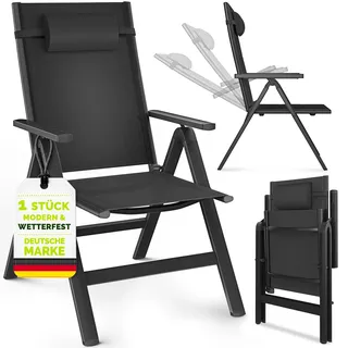 tillvex Gartenstuhl Premium 1 Stück Schwarz klappbar aus Aluminium | Hochlehner mit Armlehnen | Klappstuhl verstellbar | Klappsessel Balkon Garten Terrasse - Schwarz