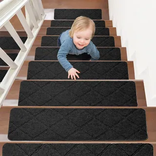 15 Stk Stufenmatten 55x19cm, Selbstklebende Anti-Rutsch Treppenmatten für Innenbereich, Wiederverwendbar, Zuschneidbar für Holzstufen, Ideal für Kinder, Senioren, Haustiere (Schwarz – Rautenmuster)