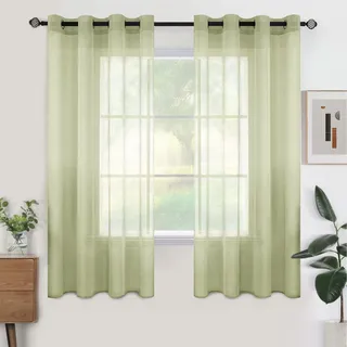 Woaboy Voile Gardinen Kurz Vorhänge Transparent Wohnzimmer mit Ösen Stores Gardinen Schlafzimmer Ösenvorhang Scheibengardine Schlaufengardinen Modern 2er Set 140x145 cm (B x H) Grün