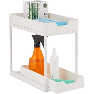Relaxdays Unter Waschbecken Regal, 2 Etagen, ausziehbar, HxBxT: 37x22x40 cm, Putzmittel Organizer für Küche & Bad, weiß