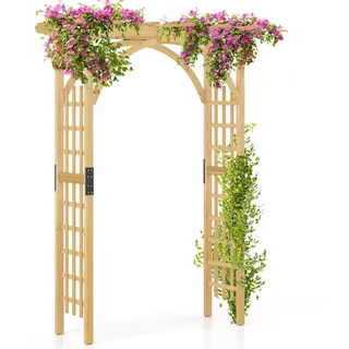 FANTASK Gartenbogen Holz, 160 x 60 x 213 cm, Rosenbogen mit Dach für Kletterpflanzen & hängende Körbe, Rankbogen Tannenholz, Rankgitter für Garten, Hochzeit, Party (Natur)