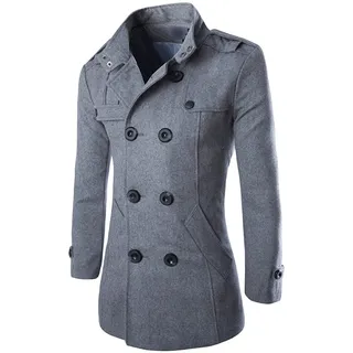 Zweireihiger Wintermantel für Herren Klassischer MittelLanger Caban aus Wollmischung Slim Fit Outdoor Trenchjacke mit Stehkragen (M,Dunkelgrau)