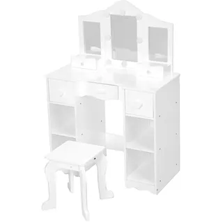 GarveeLife Schminktisch für Kinder, Schminktisch mit Hocker, 3 LED-Spiegel und 5 Schubladen, Schminktisch aus Holz für kleine Mädchen 3 bis 6 Jahre – 70 x 34 x 100 cm, Weiß