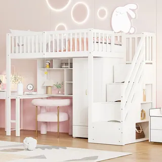 Merax Etagenbett 90x200cm mit Kleiderschrank, Hochbett mit Schreibtisch und Regal, Kinderbett mit Stauraumtreppe und Rausfallschutz, Holz Stockbett - Weiß