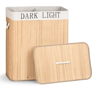 VOUNOT® Wäschekorb Bambus mit Deckel, 100L Wäschesammler mit 2 Fächer, 2 Herausnehmbaren Wäschesäcke & Griffen, Groß Faltbarer Wäschebox für Schlafzimmer Badezimmer Waschküche, Holzfarbe