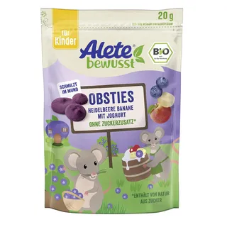 Alete bewusst Obsties Heidelbeere Banane mit Joghurt, ab 3 Jahren, gefriergetrocknete Bio-Fruchtchips, Früchte-Snack für Kinder, verzehrfertig im verschließbaren Beutel, 20 g