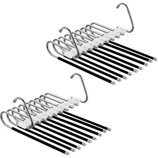 Relaxdays Mehrfach Hosenbügel, 2er Set, Hosenhalter 9-Fach, rutschfest, platzsparende Multibügel, Metall, Silber/schwarz