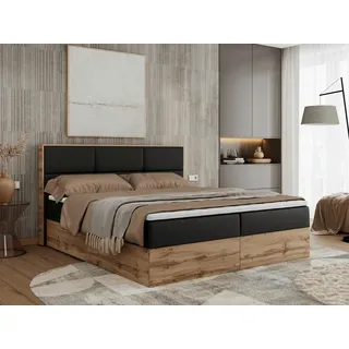 MKS Meble Boxspringbett, Doppelbett mit bettkasten und Multipocket-Matratze, Polsterbett mit Kopfteil, Eiche Holzrahmen - Albero-2 - 180x200cm - Schwarz Kunstleder - H3 - Schwarz