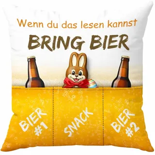KAMACA Bierkissen – Lustiges Ostergeschenk für Männer – Dekokissen 43×43 cm mit Füllung, befüllbaren Taschen & witzigem Spruch für Papa, Freund & Gamern (Bierkissen A)