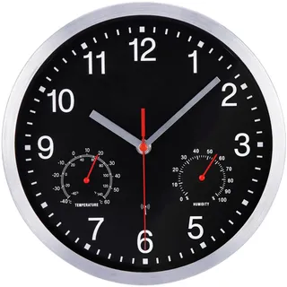 VIVILINEN Funkuhr Mit Thermometer Hygrometer Geräuschlos Wanduhr Ohne Tickgeräusche Funkwanduhr Lautlos Wanduhr Nicht Tickend Hängeuhr für Wohnzimmer Schlafzimmer Büro Küche 10 Zoll (Schwarz)