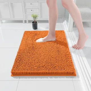 COMPOLICY Badematte 40x60 cm Chenille Orangerot, rutschfeste & Lebhafte Badteppich, Waschbar & Saugfähig Badvorleger, Schnelltrocknend Duschvorleger für Boho & Mid-Century Badezimmer