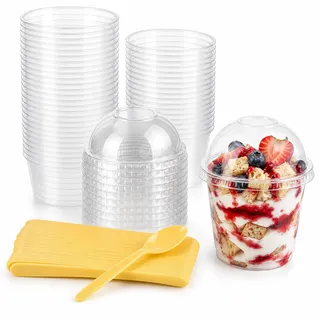 STARVAST 100 Stück Dessertbechern 250 ml/8 oz Dessertschalen-Set, Mit 100 Suppenlöffeln 100 Deckel, Dessertschalen mit Deckel Wiederverwendbar für Mousse, Pudding, Eis, Buffets, Dessertparty, Picknick