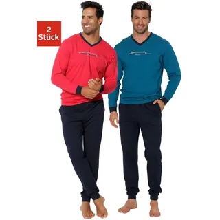 Pyjama AUTHENTIC LE JOGGER, Herren, Gr. 60/62 (XXL), bunt (petrol, navy, rot, navy), Jersey, Obermaterial: 100% Baumwolle, unifarben, Basic, A-Linie lang, V-Ausschnitt, angesetztes Bündchen, Homewear-Sets Pyjama, Schlafanzug mit Frontprint, Topseller
