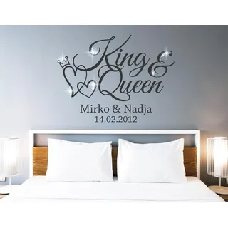 tjapalo® Wandtattoo König & Königin Wandsticker Schlafzimmer Liebe Wandtattoo Paare Namen und Datum, Schwarz, B100xH58cm