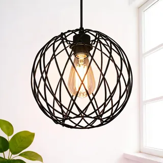 Glitzerlife Hängelampe Pendelleuchte Schwarz Vintage - Küchenlampe Hängend Lampenschirm Hängeleuchte E27 1 Flammig Industrial Pendellampe Rund Retro Ø 25cm Esszimmer Esstisch Schlafzimmer Wohnzimmer