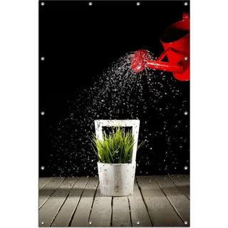 Wallario Outdoor-Poster für Garten oder Balkon, Motiv Grüne Pflanze mit roter Gießkanne, in ca. 120 x 180 cm - Schwarz