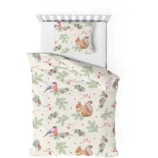 Träumschön Biber Bettwäsche Set 2tlg 135x200 cm + 80x80 cm – Flauschige Kinderbettwäsche Beige – Weiche Winterbettwäsche mit Eichhörnchen - Atmungsaktiv, Warm & Hautfreundlich - 100% Baumwolle