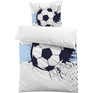 MUSOLEI Fussball Bettwäsche 135x200 Jungen Mikrofaser-Polyester 2-teilige Kinderbettwäsche Fussball 3D Druck für Jungen Fußball Bettbezug 135x200 und 1 Kissenbezug 80x80cm Kinder, blau