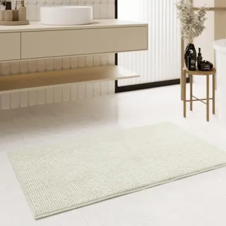 Wecon Home Balu getufteter Badteppich, 80 x 150 cm, Creme beige | moderner Chenille Badteppich, rutschfest, Waschbar, Saugfähig, Stilvoll für jedes Badezimmer