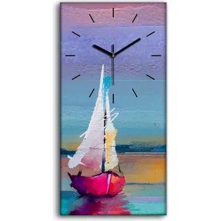 Küche Wohnzimmer Wand Leinwand Uhr Geräuschlos 30x60 Boot buntes Wasser segel - schwarze Hände - Blau
