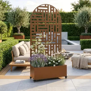 casa.pro Blumenkasten mit Sichtschutz Bernalda 190x82x38 cm Braun | Trennwand mit Rollen, Rundbogenform, Rankgitter, Metall, verzinkt, Balkon, Pflanzkübel hoch