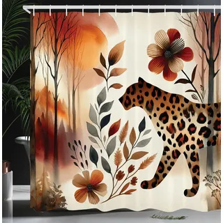 ABAKUHAUS Leopard Duschvorhang, Herbstwald mit Wilder Katze Florale Herbst Themen Aquarellkunst, Stoffliches Gewebe Badezimmerdekorationsset mit Haken, 175 x 200 cm, Gebrannte Siena Amber Grau