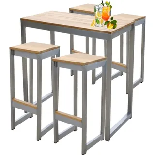 Teako Design Bar Set Outdoor - 4 Barhocker Teakholz Edelstahl Cadore + Wetterfester Tisch Massivholz