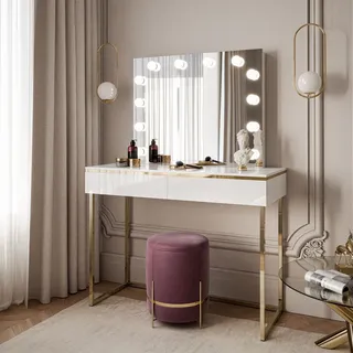 AURORA GOLD ELITE Schminktisch mit Spiegel weiß hochglanz - Weiß, Gold