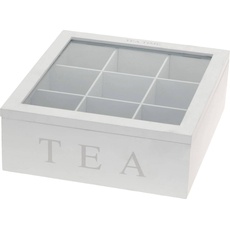 Bild Teebox Holz Weiß Deckel 9-Fächer mit Aufschrift TEA, Vorratsbehälter,