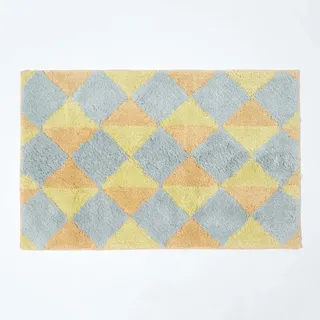 Homescapes Badematte rutschfest, waschbarer bunter Badteppich, 100% Baumwolle, Antirutsch Badvorleger mit Harlekin-Muster, Große Duschmatte im Pastell Farben 50 x 80 cm, gelb und grau