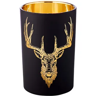 Edzard Windlicht Lio, Höhe 18 cm, Hirsch-Motiv, außen matt schwarz/innen Gold - Teelichthalter, Teelichtglas