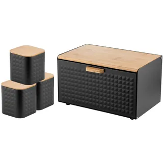 Florina Brotkasten inkl. 3-er-Set Aufbewahrungsdosen CUBE I Brotbox aus Stahl und Bambus-Deckel I Geräumiger und moderner Brotbehälter I 3 Vorratsdosen für Kaffee Tee Zucker I Farbe: Schwarz