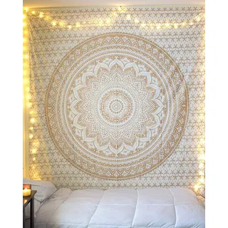 Wandteppich, goldener Hippie-Mandala-Ombre-Wandbehang, indisch, beliebt, Mandela, böhmisch, psychedelisch, Tagesdecke, Wohnheim, Raumdekoration mit metallischem Glanz, Wandteppich, 213,4 x 228,6 cm
