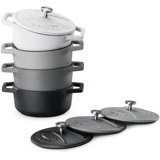 Navaris Mini Cocotte Set - 4x Gusseisen Mini Topf Schwarz Weiß - Optimale Wärme Distribution - Mini Auflaufform mit Deckel - Kleine Dessert Töpfe - Auflaufförmchen backofenfest