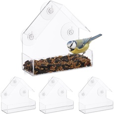 Bild von Fenster-Vogelfutterhaus 4er Set, 3 Saugnäpfe, Vogelfutterstation mit Dach, HBT: 15 x 15 x 7 cm, transparent