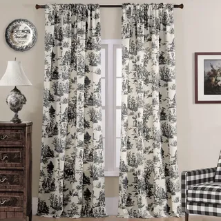 XTMYI Schwarze Vorhänge, 213 cm lang, Gemustert, halbverdunkelnd, Bauernhaus, modernes Toile-Muster auf cremeweißem Baumwollstoff, Fensterbehandlungen, Vorhänge für Schlafzimmer, 2 Paneele