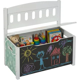 Relaxdays Kinderbank mit Stauraum, Tafel, Rückenlehne, HBT: 55,5 x 57 x 30 cm, Kinder, Löwenmotiv, Spielzeugkiste, bunt