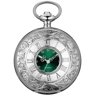 BOSHIYA Vintage Herren Taschenuhr mit Kette Einzigartiges Grün Römischen Ziffern Zifferblatt Analog Quarz Taschenuhr für Herren Silber