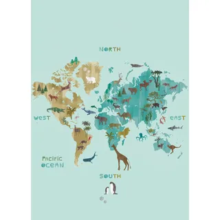 Rasch Tapeten 557749 - Fototapete auf Vlies mit Kontinenten und Tieren in Blau und Braun aus der Kollektion Onszelf Stories - 2,80 m x 2,00 m (LxB)