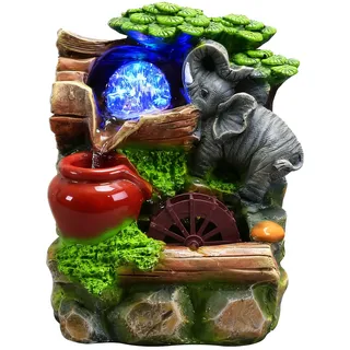 Zimmerbrunnen, Tischbrunnen mit Rollender Kugel Zimmerbrunnen Wasserfall Zimmer Brunnen Polyresin Elefant Pflanzen Wasserfall Brunnen für Schlafzimmer Wohnzimmer Studie 20x15x10cm