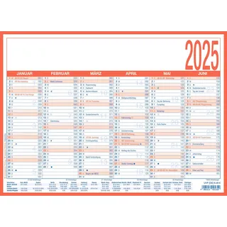 Zettler - Arbeitstagekalender 2025, 29x21cm, Plakatkalender mit 6 Monaten auf 1 Seite, Mondphasen, Arbeitstage-, Tages- und Wochenzählung, Ferientermine und deutsches Kalendarium