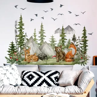 WandSticker4U®- [Aquafarben] Wandtattoo WALDTIERE Kinderzimmer XXL (150x96 cm) I Wandsticker Baum Reh Fuchs Bär Dschungel Tiere I Wanddeko Kinderzimmer Deko Mädchen Junge Babyzimmer GROß