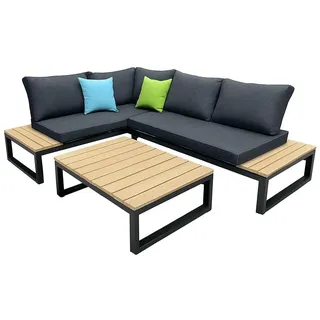 greemotion Gartenlounge-Set Riola Lounge-Set Braun-Holz / Schwarz inkl. Auflagen & Tisch - Beige, Grau