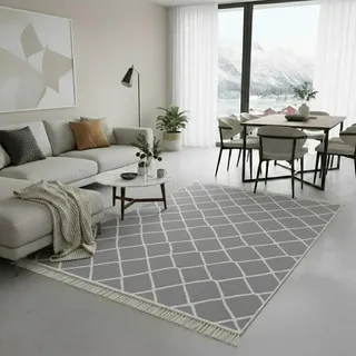 Fashion4Home Teppich Läufer - Tepiche für Wohnzimmer, Schlafzimmer, Küche, Kinderzimmer, Badezimmer - Boho Kelim - Läufer Flur, Stripe-Hellgrau-Weiß, Größe: 160x230 cm