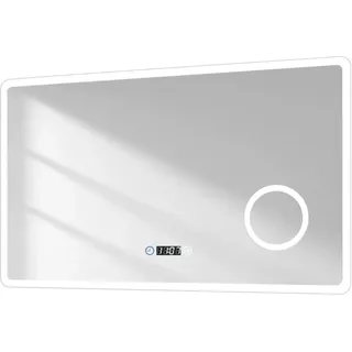 Emke Badspiegel mit 3-fache Vergrößerung 100 x 60 cm LED Spiegel mit 3 Lichtfarben Dimmbar Uhr