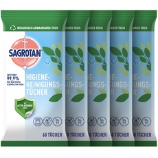 Sagrotan Hygienereinigungstücher – Für die praktische Reinigung und Desinfektion von Oberflächen – 5 x 60 Feuchttücher in wiederverschließbarer Verpackung