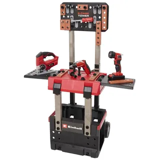 Happy People Einhell E-Case Werkbank 110-tlg., inkl. Mini-Schrauber, Stichsäge, Akku-Lampe und reichlich Zubehör, Größe ca. 70x33,5x95 (H) cm, Die erste transportfähige und mitwachsende Werkbank für Kinder. 3 Spie