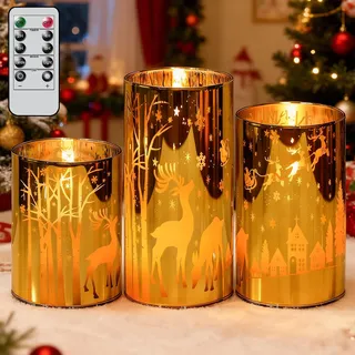 Eldnacele Goldene LED Weihnachtskerzen, 3er Set mit Rentiermotiv | Kerzen Deko mit Fernbedienung, Timerfunktion, flackernde Flamme, batteriebetrieben, Ø 7,5 × H 10/12,5/15 cm