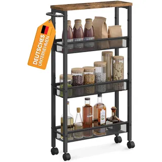 VASAGLE Rollwagen, Schmaler Küchenwagen mit 4 Ebenen, 45,4 x 13 x 77 cm | Nischenregal mit Rollen, für Küche und Bad, Rustikales Braun und Mattschwarz, DACEY Kollektion LRC032B01